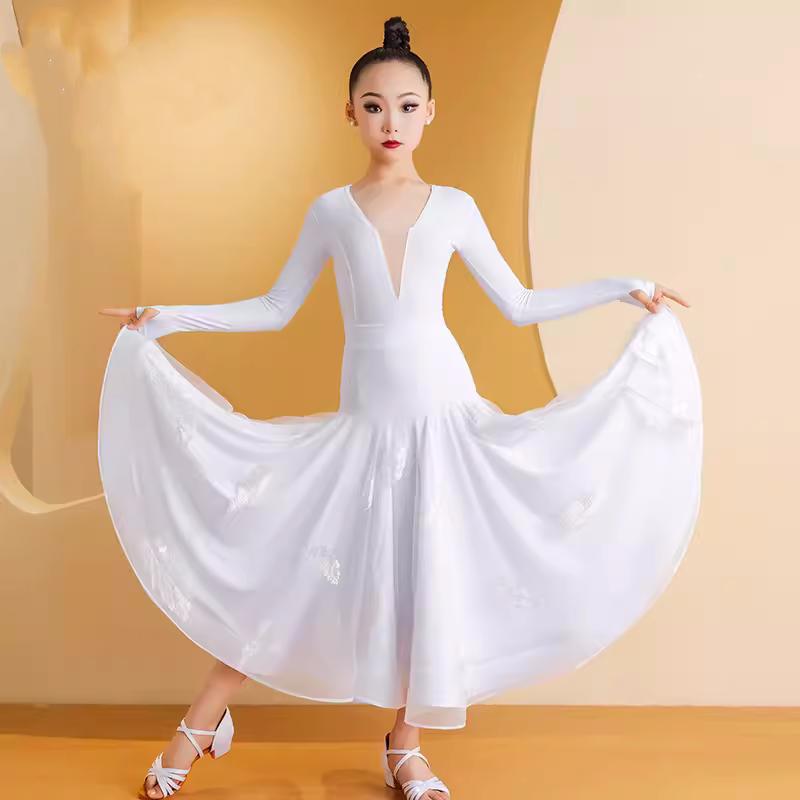 Academic white girls kids national ballroom dance dreses feather waltz tango competition long swing skirts for Children - Moderndancedress.com