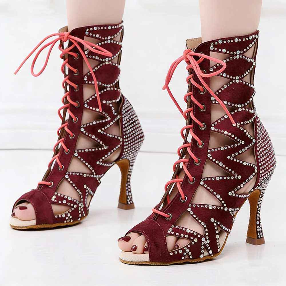 Women Latin Dance Shoes Dark Green Jazz Latin Perform Boots High-top Soft Soles