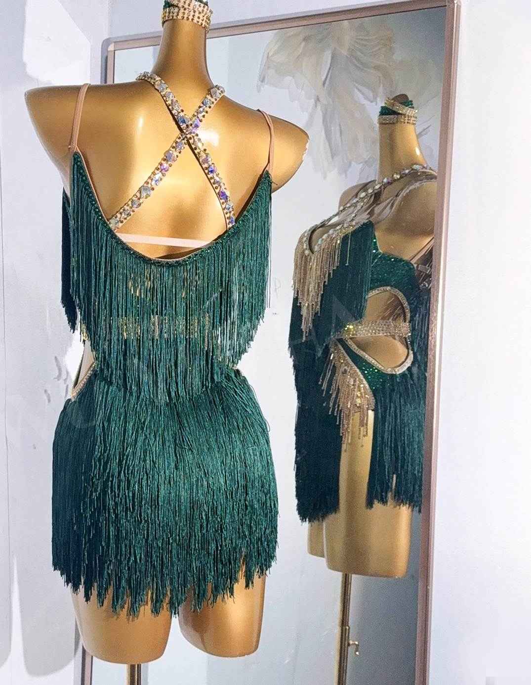 Custom Size Dark Green Latin Dance Dresses Gold Fringe Pink Salsa Rumba Latin Dance Costumes
