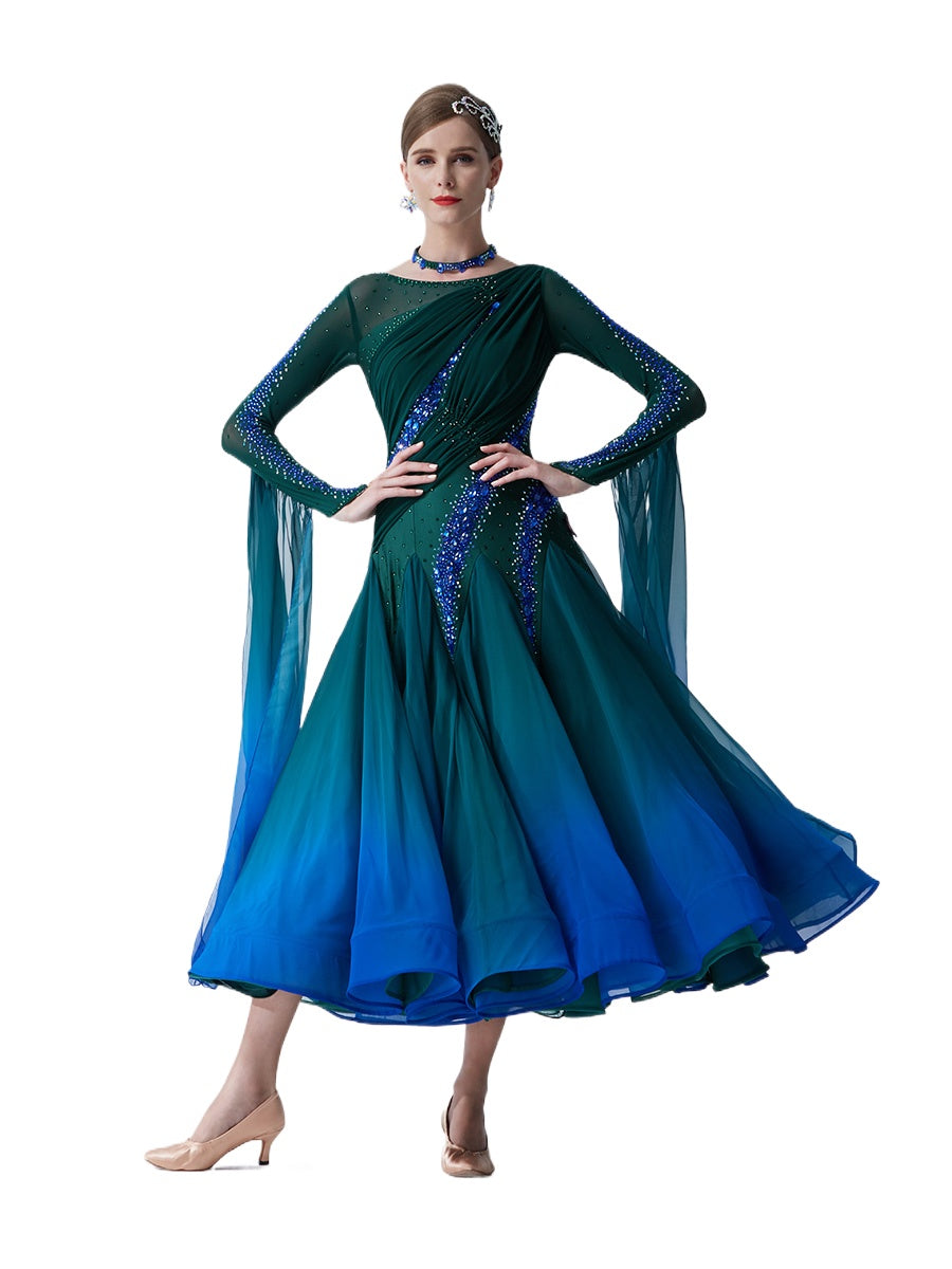 Custom Size Dark Green Competition Ballroom Dance Dresses for Women Girls National Standard Waltz Tango Rhythm Dance Long Gown - Moderndancedress.com
