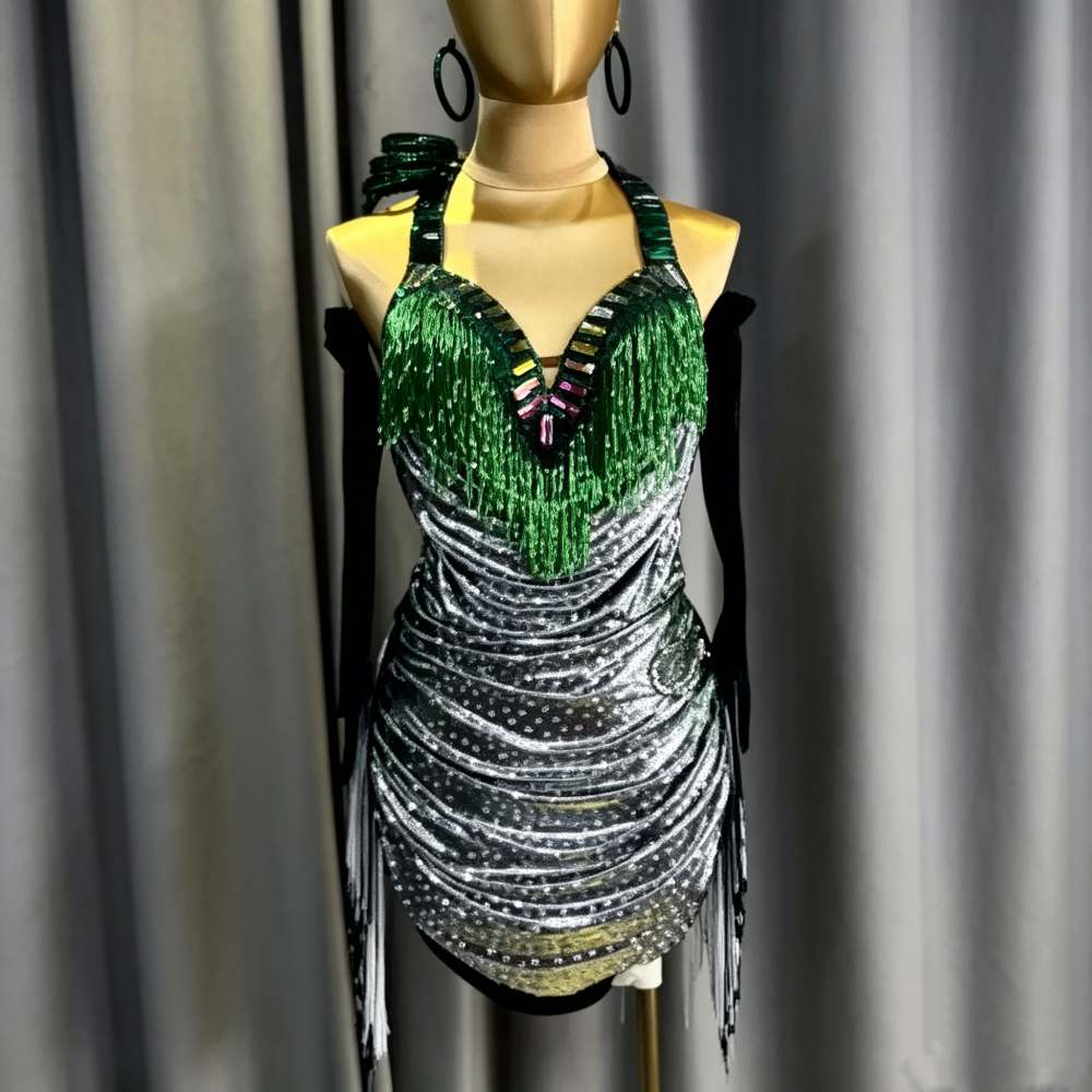 Custom Green Fringe Latin Dance Dress - Shiny Rhythm Competition Gown