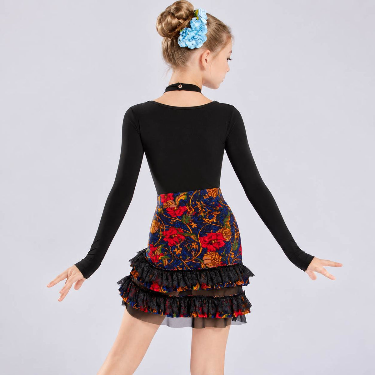 Girls Latin Dance Dress | Kids Long Sleeve Halter Floral Salsa Costume