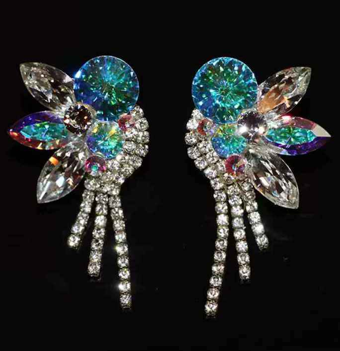 Rhinestones Dance Earring for Women Competition Latin Ballroom Waltz Tango Blue Bling Ear Dance Accessories