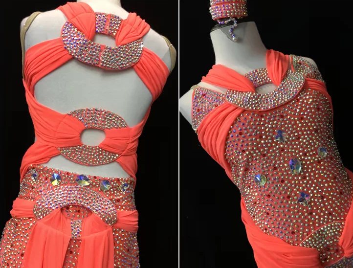 Custom Turquoise Halter Latin Performance Dress - Hot Pink Coral Crystal Ring Dancewear