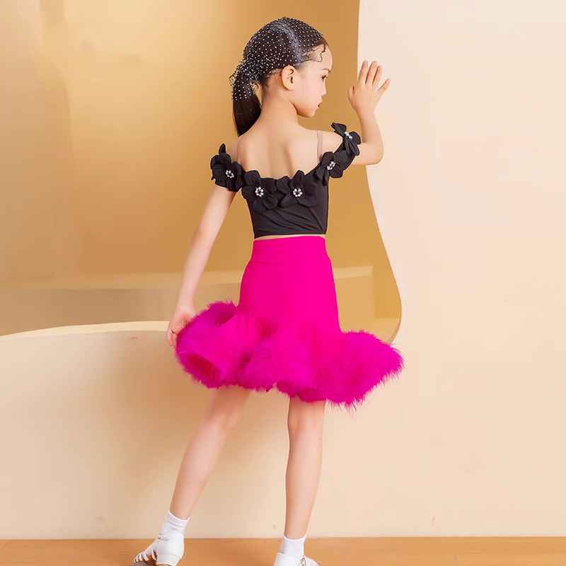 Hot Pink Feather Black Flowers Latin Dance Dresses for Girls Kids Dew Shoulder Salsa Rumba Chacha Ballroom Modern Dancing Outfits Performance Test Clothes - Moderndancedress.com