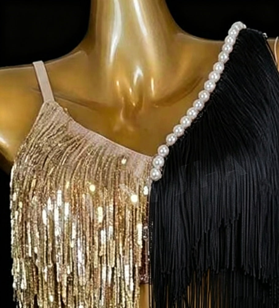 Custom Size Emerald Green Latin Dance Dress - Gold Sequins & Fringe Performance Outfit | Black & Red