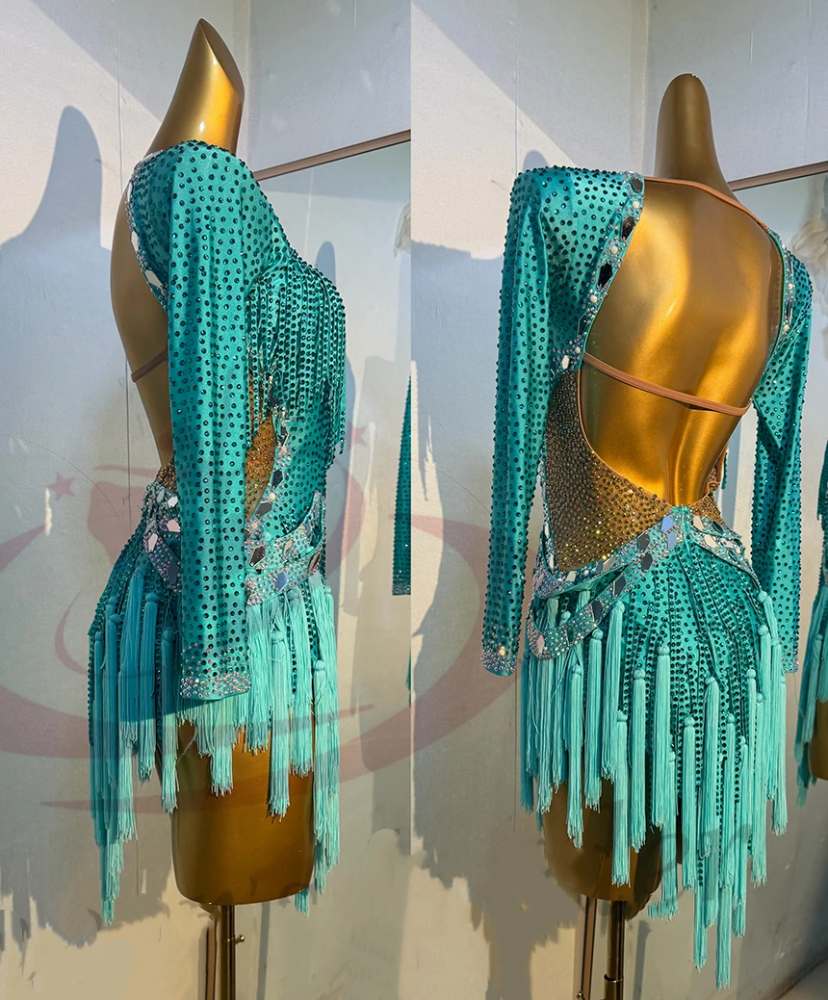 Custom Size Turquoise Latin Dance Dresses for Women Girls Salsa Rumba Chacha Diamond Dance Costumes