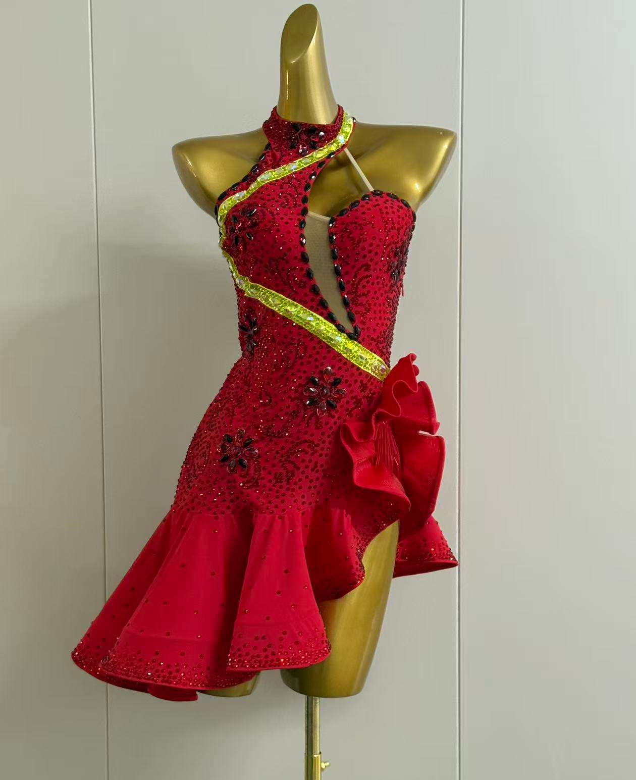 Custom Slant Neck Red Latin Dance Dress with Yellow Stripe & Rhinestones Salsa Wear
