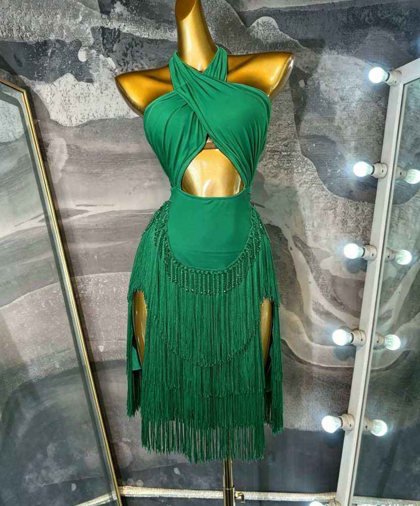 Custom Size Emerald Green Latin Dance Dress Salsa ChaCha Performance Wear with Layered Fringes