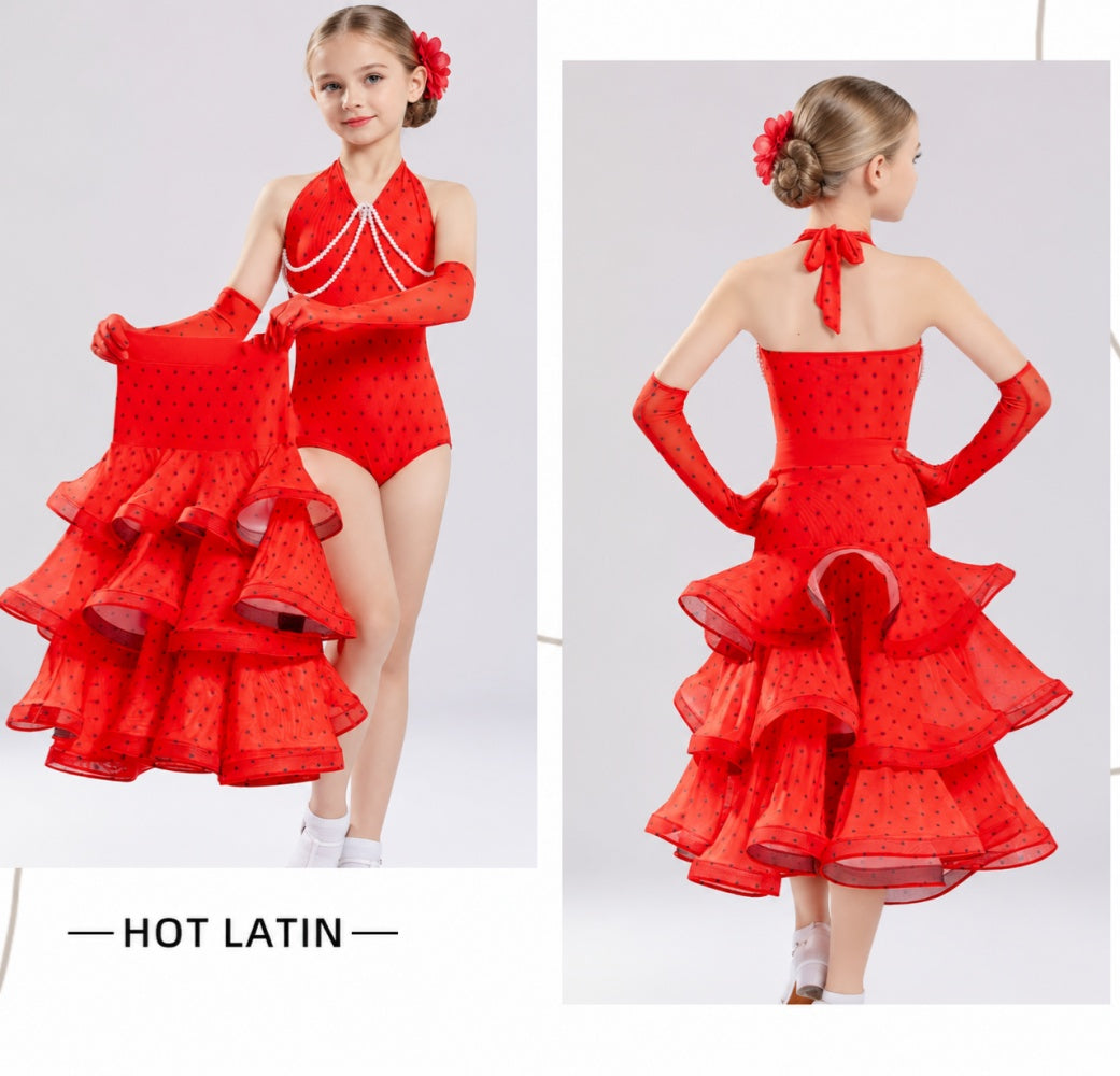 Red Polka Dot Girls Ballroom Dance Dress - Kids Ruffled Party Competition Gown