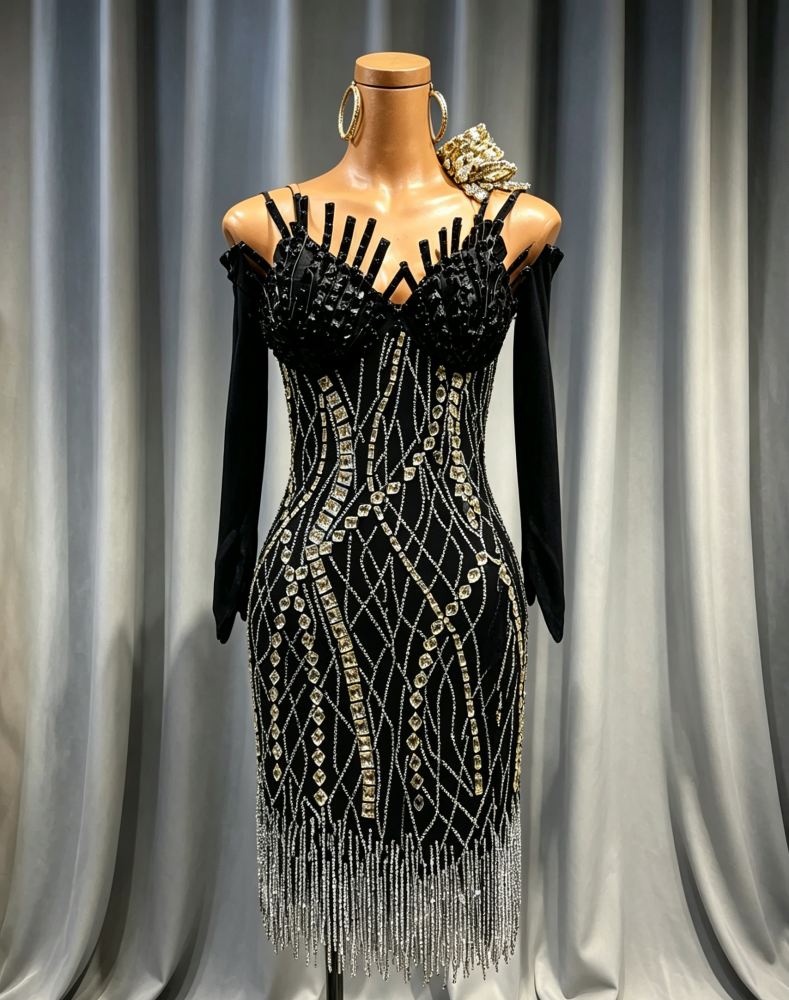 Custom Black & Silver Velvet Latin Competition Dress - Crystal Rhythm Gown