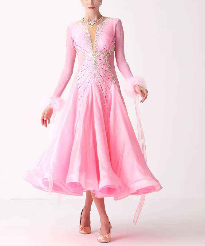 Custom Size Pink Feather Competition Ballroom Dance Dresses for Women Girls National Standard Waltz Tango Rhythm Dancing Gown - Moderndancedress.com