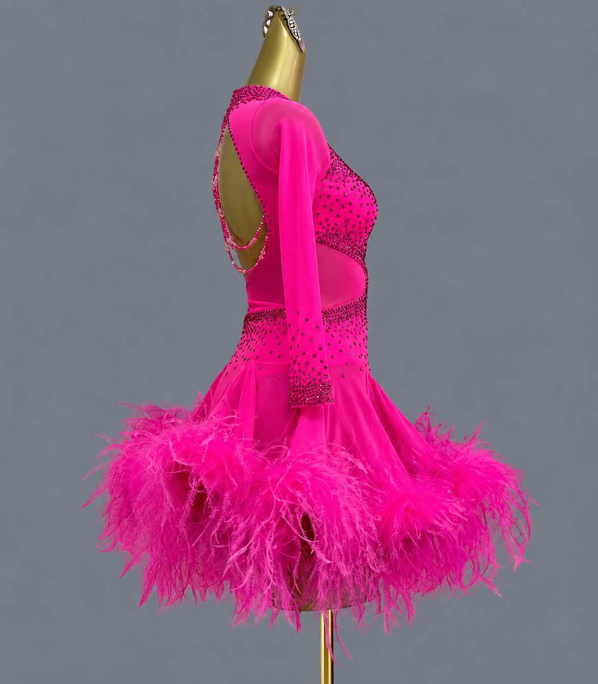 Custom Black Latin Dance Dress with Feathers & Crystals Salsa Chacha Competition Gown