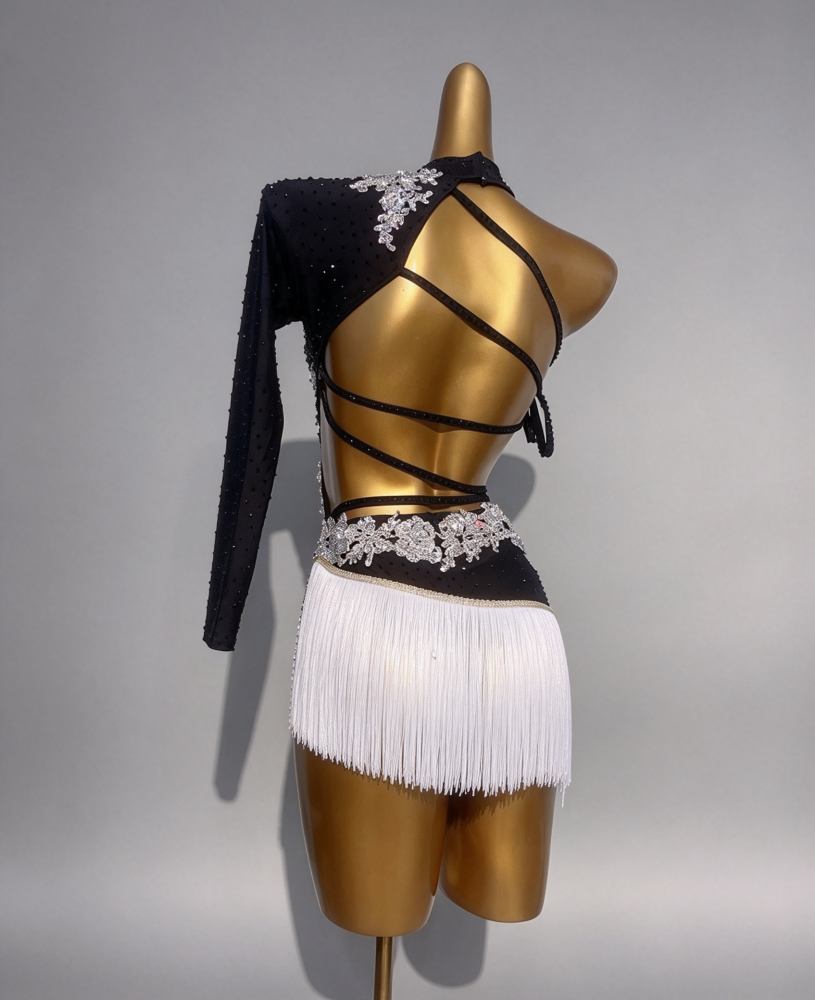 Custom Black & White Competition Latin Dance Dress with Rhinestones & Fringe