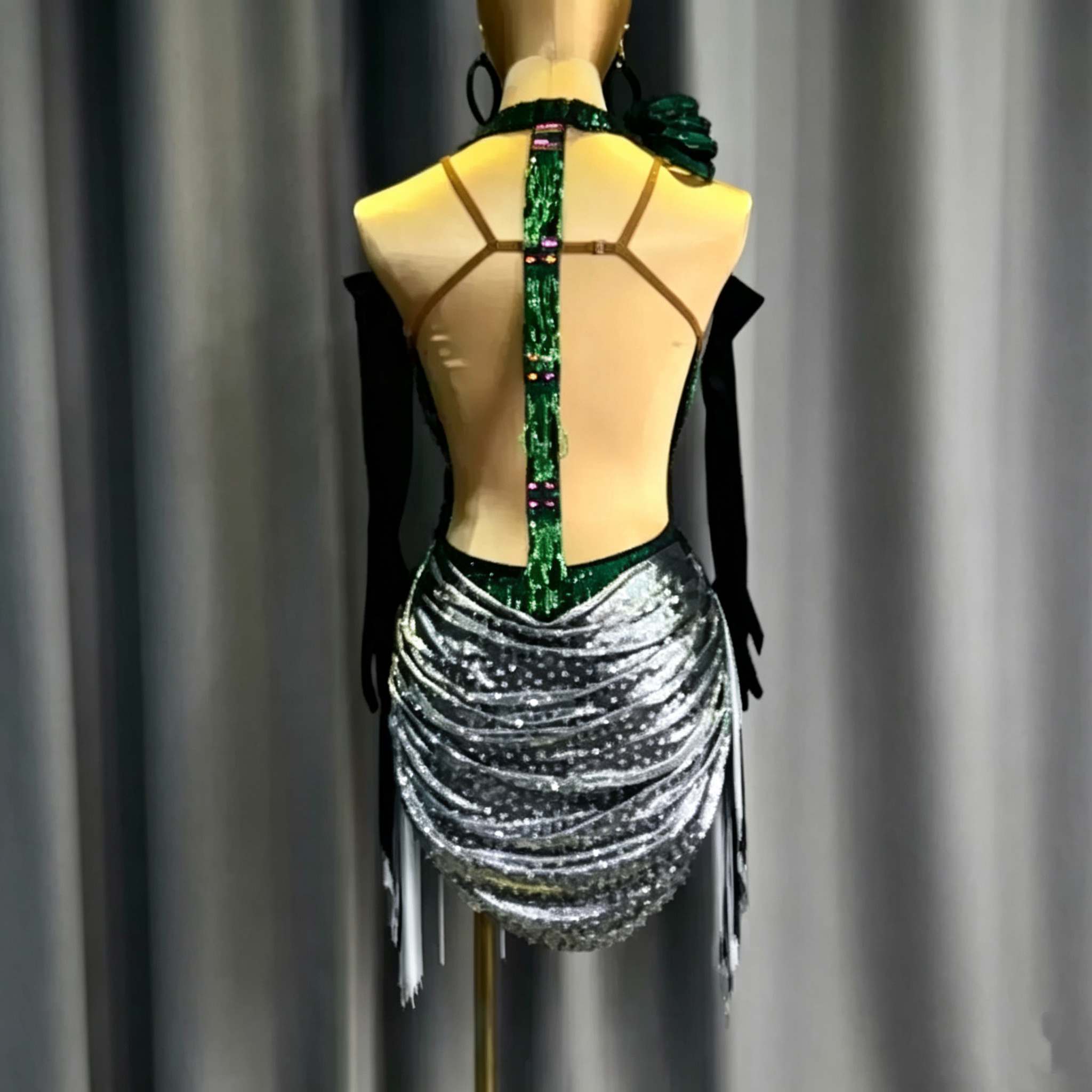 Custom Green Fringe Latin Dance Dress - Shiny Rhythm Competition Gown