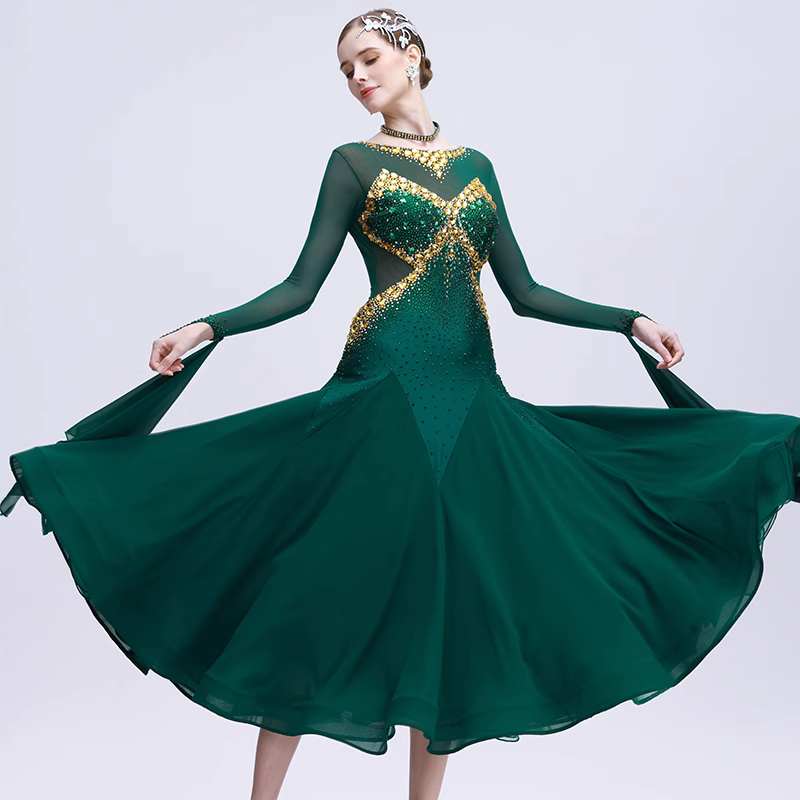 Custom Size Dark Green Competition Ballroom Dance Dresses for Women Girls Gold Rhinestones Float Sleeves Waltz Tango Dance Gown