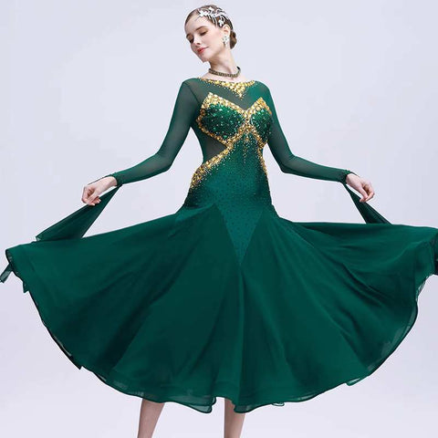 Custom Size Dark Green Competition Ballroom Dance Dresses for Women Girls Gold Rhinestones Float Sleeves Waltz Tango Dance Gown