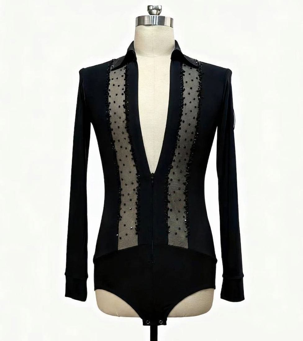 Men's  Mesh Latin Dance Shirt Leotard - Professional Ballroom Competition Bodysuit