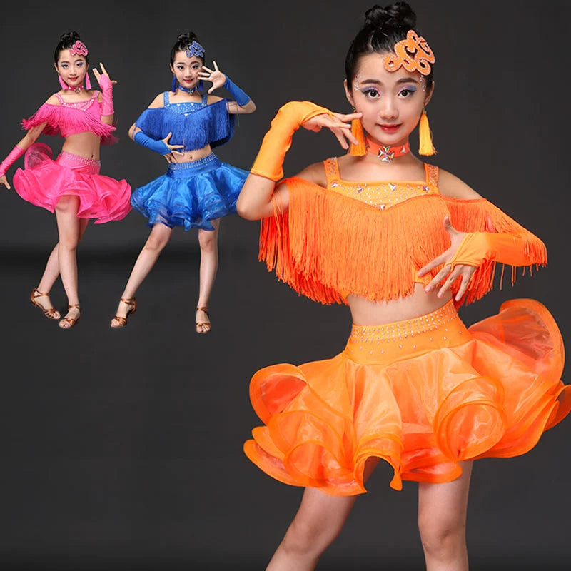 Girls orange pink blue Tassel Latin dance dresses children ballroom salsa rumba chacha performance dress modern dance performance outfits - Moderndancedress.com