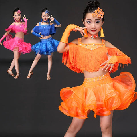 Girls orange pink blue Tassel Latin dance dresses children ballroom salsa rumba chacha performance dress modern dance performance outfits - Moderndancedress.com
