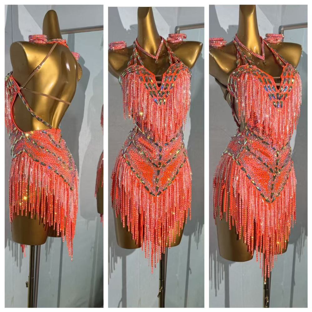 orange salsa dress Orange Salsa Latin Dance Sequin Fringe Dress With Crystal Necklace