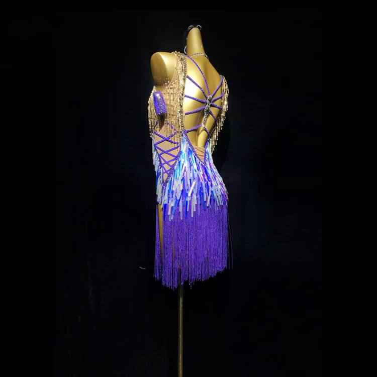 Custom Size Purple Latin Dance Dresses Hand-sewn Bling Fringe Competition Salsa Rumba Blackpool Dance Costumes