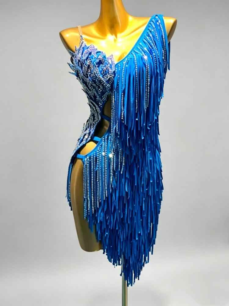 Custom Size Blue Fringe Latin Dance Dress with Crystals
