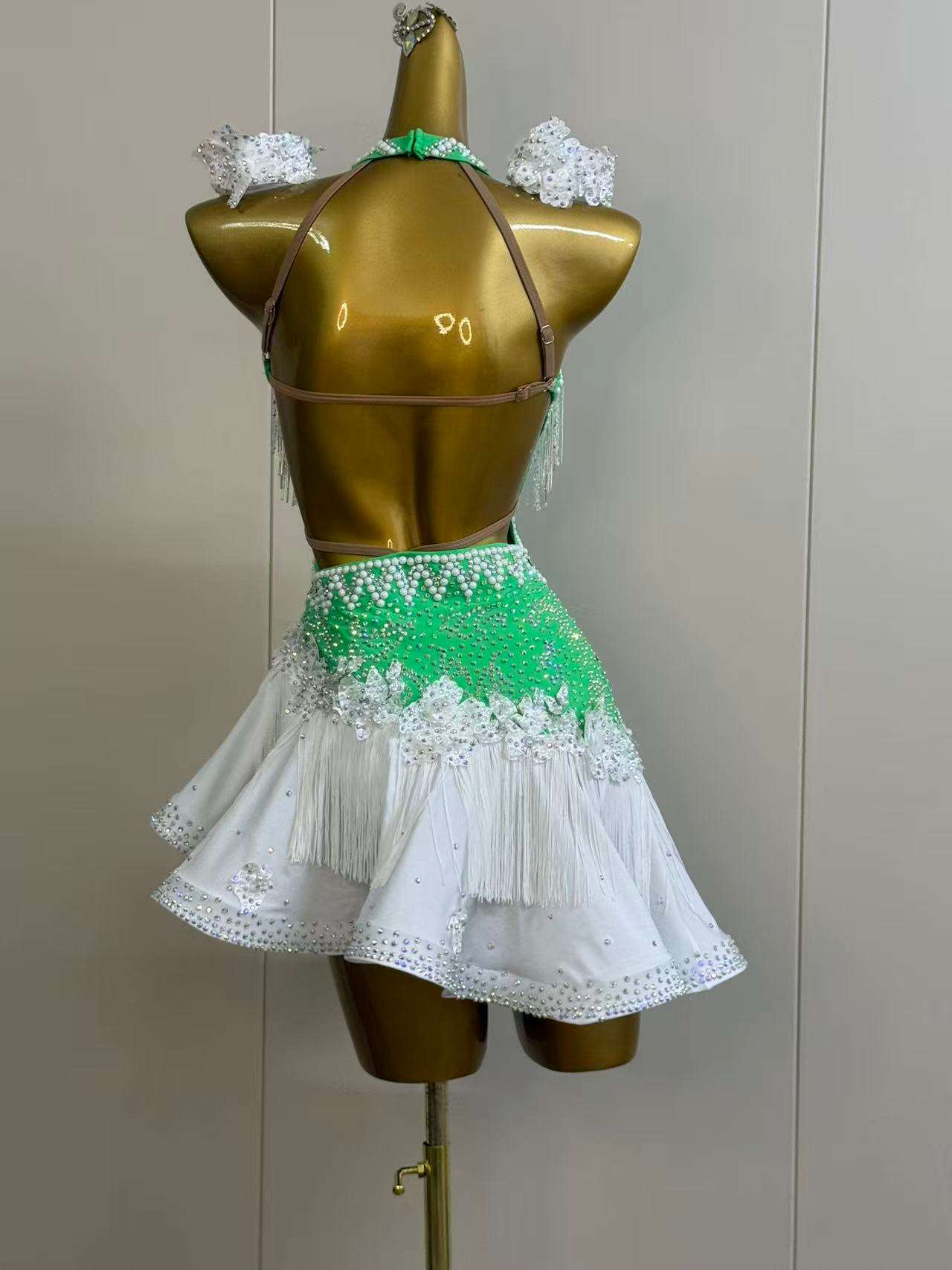 Custom Orange and White Latin Dance Dress - Rhinestone Fringe Salsa Wear