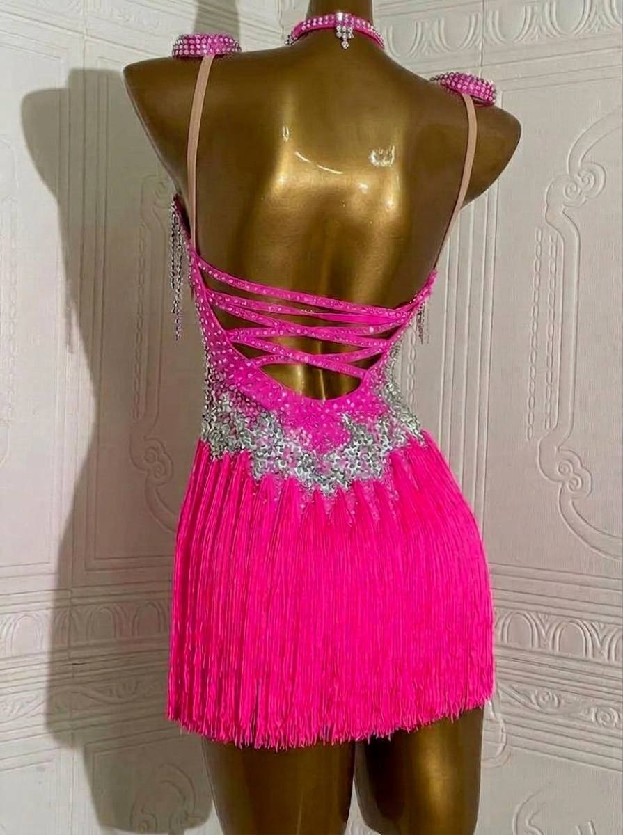 Custom Size Hot Pink Fringe Competition Latin Dance Dress for Women Girls with Open Back Crystal Tassels