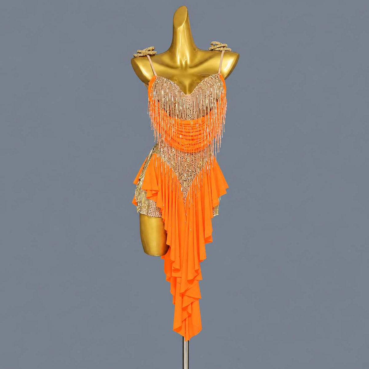 Custom Turquoise Gold Fringe Latin Dance Dress for Competition Salsa Ballroom Gown