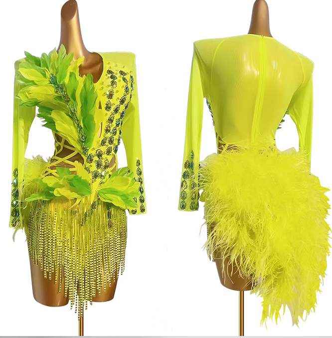 Custom Size Green Latin Dance Dresses for Women Girls Competition Ostrich Feather Latin Salsa Rumba Chacha Dance Clothes