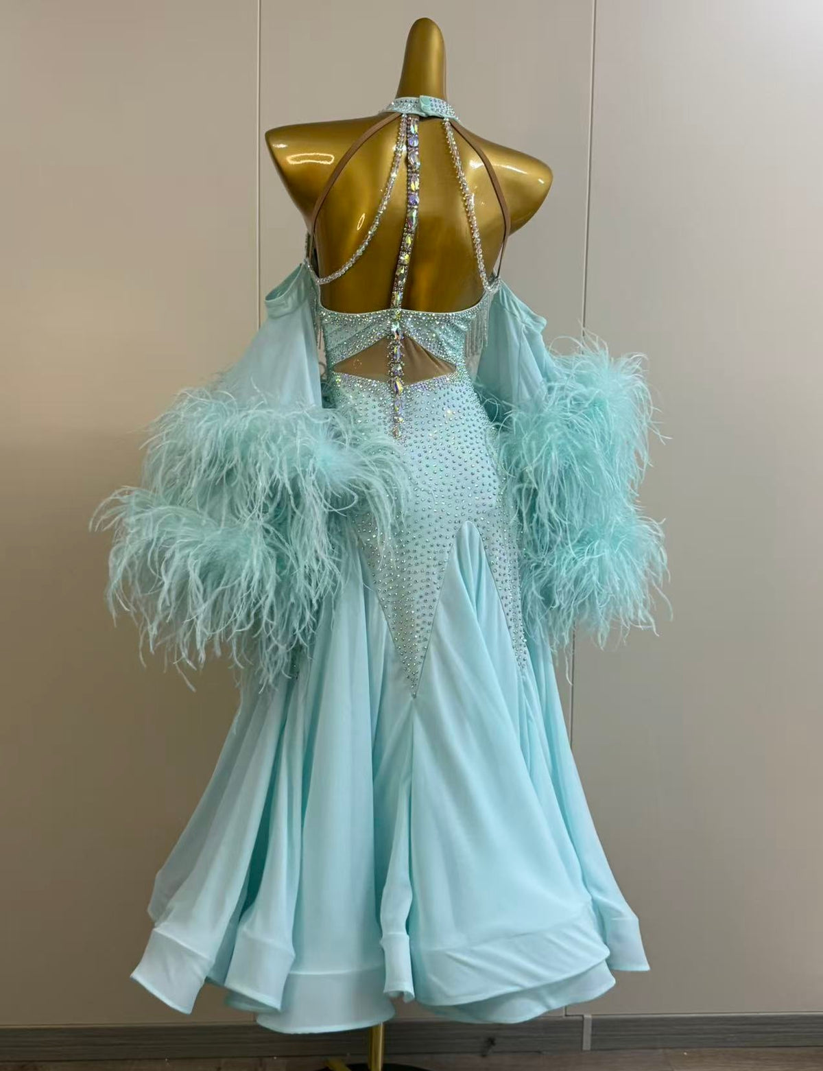 Custom Mint Green Ballroom Dance Dress Feather Waltz Competition Gown
