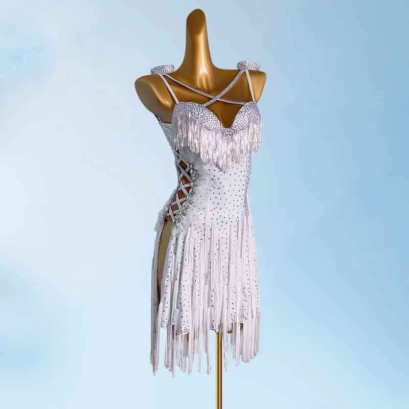 Custom Size White Latin Dance Dresses for Women Girls Bling Tassels Latin Salsa Rumba Chacha Dance Costumes