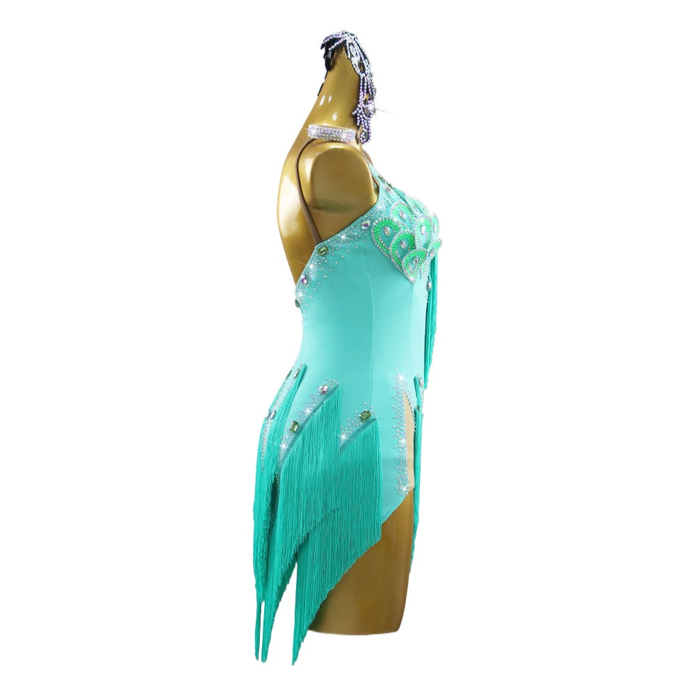 Mint Competition Latin Dance Dresses for Women Girls Slant Neck Salsa Rumba Chacha Blackpool Dance Outfits