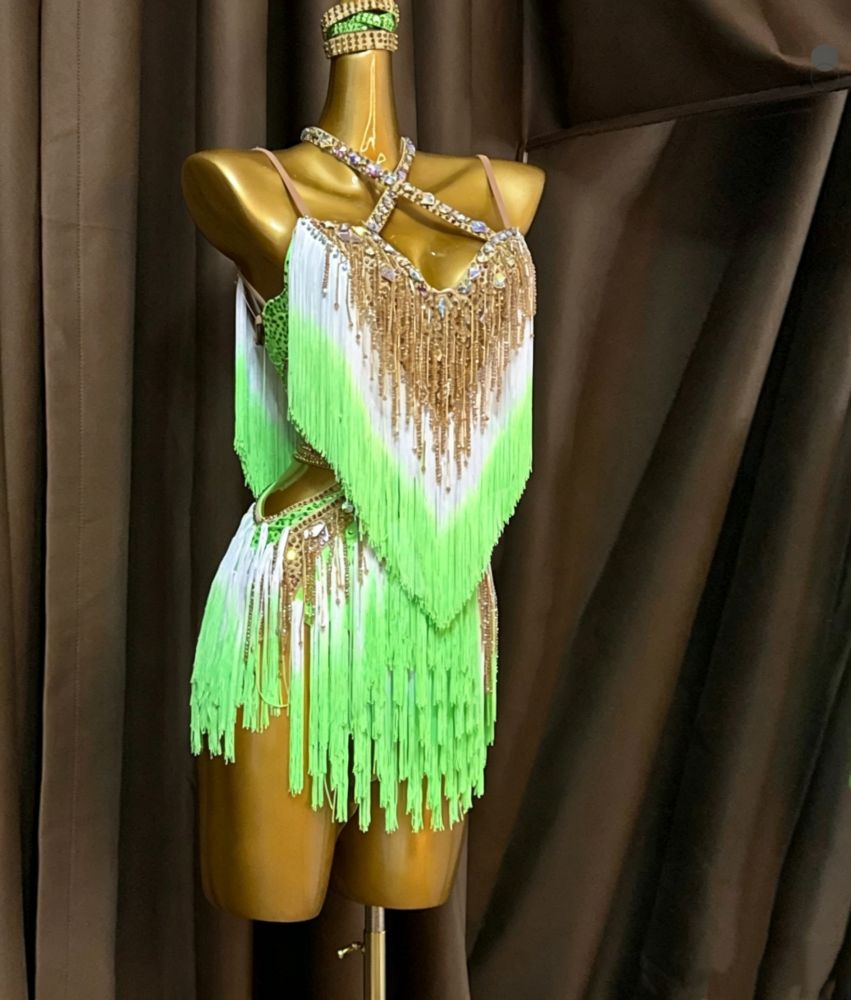 Custom Size Green with Gold Bling Fringe Competition Latin Dance Dress for Women Girls Salsa Chacha Blackpool Dance Wear
