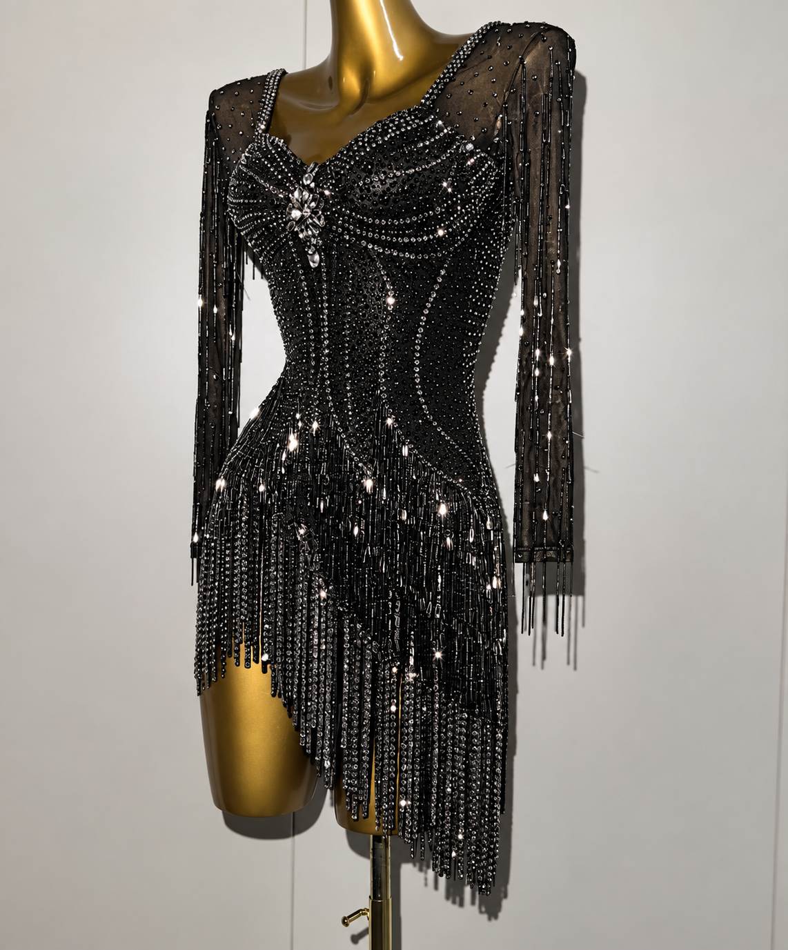 Custom Gold Fringe Latin Competition Dress with Sparkly Crystals