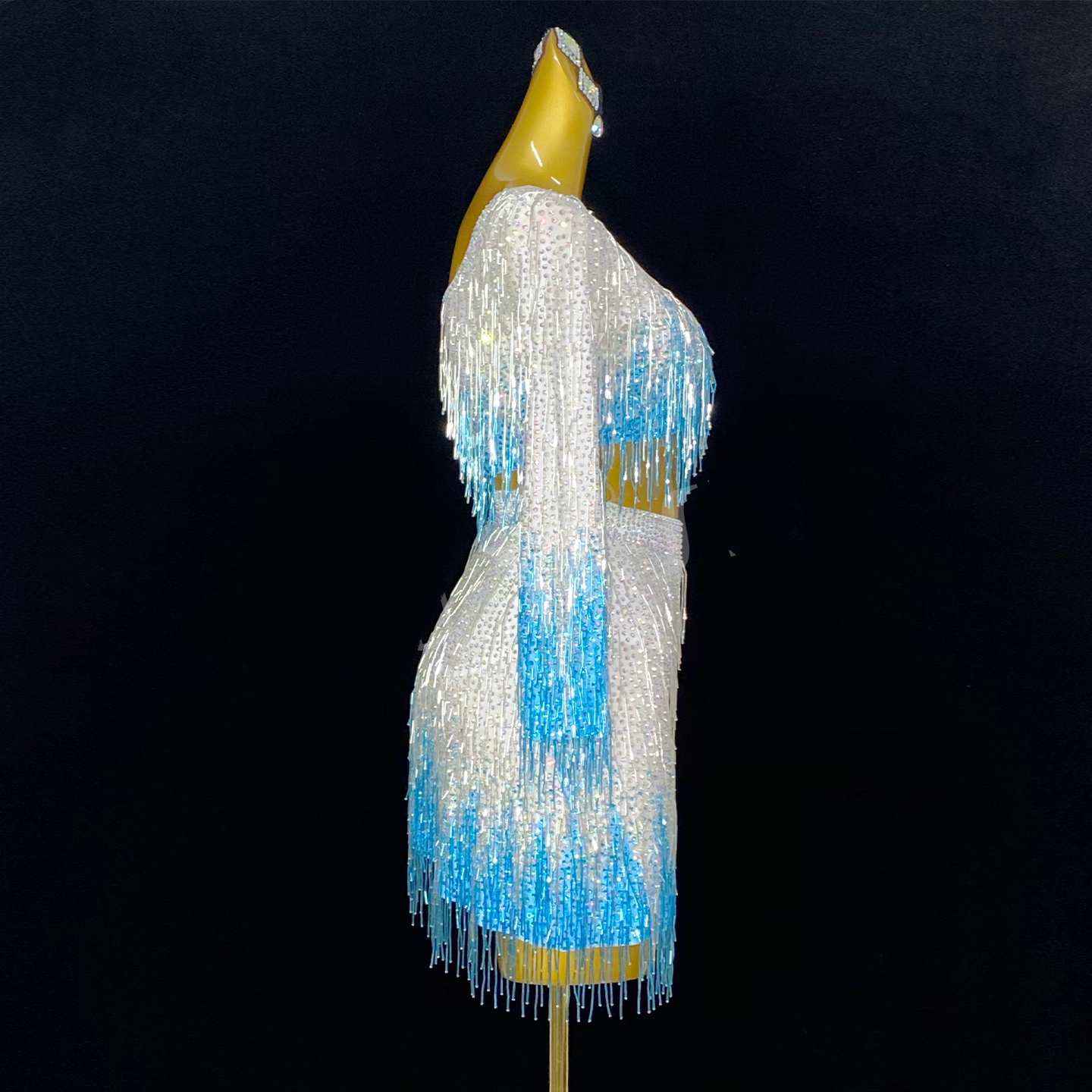 Custom Size Women's Bling Fringe Latin Dance Dresses Blue Gradient One Shoulder Salsa Chacha Costume