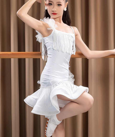 White Fringe Latin Dance Dresses for Girls Kids Sling Tassel Salsa Rumba Chacha Performance Skirts