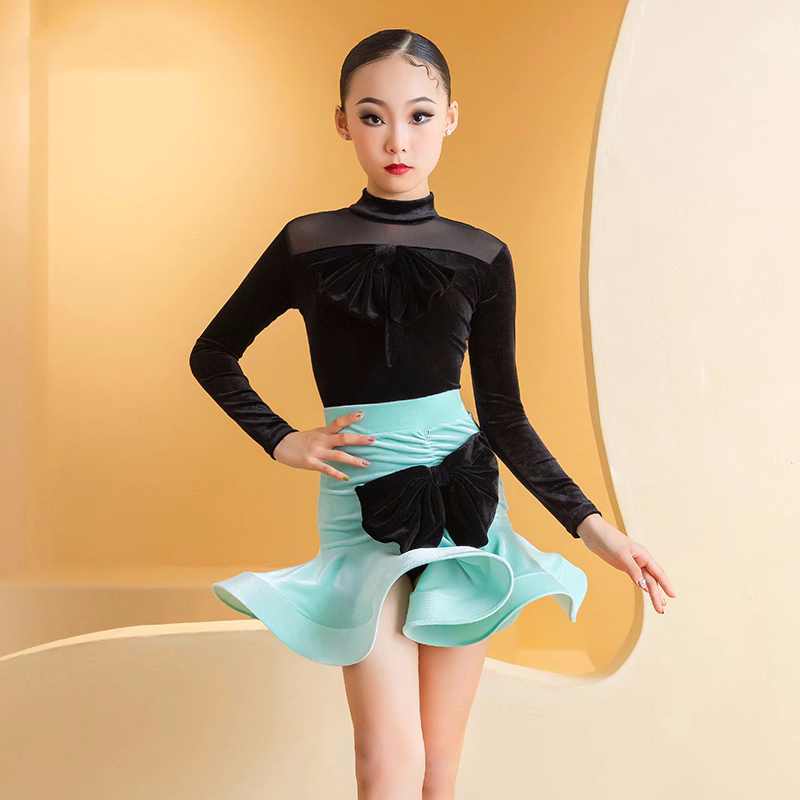 Green Black Velvet Latin Dance Dresses for Kids Girls Salsa Ballroom Latin Chacha  Art Test Performance Clothes for Children - Moderndancedress.com