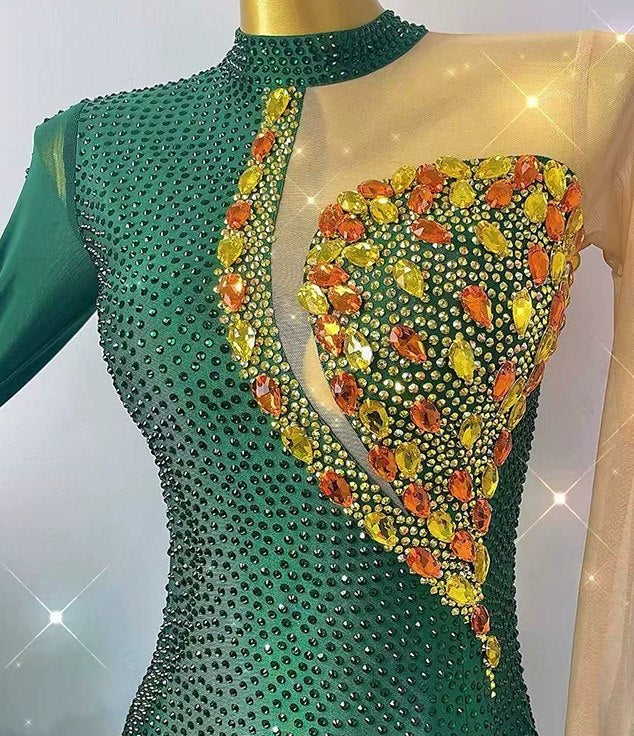 Custom Emerald Green Competition American Smooth Ballroom Dance Dress with Crystals