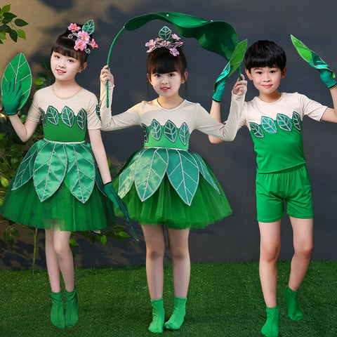 Children's performance clothes hoe grass performance clothes fun in the rain Jasmine dance clothes Xiao chorus clothes green pengpeng skirt