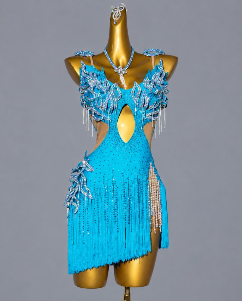 Custom Blue Pink Latin Dance Dress with Crystal Petals Rumba Samba Competition Gown