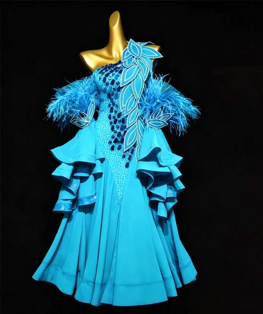 Custom Size Fuchsia Blue Feather Petal Competition Ballroom Dance Dress Smooth Foxtort Blackpool Dance Gown