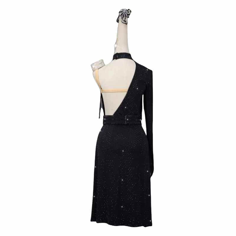 Black Bling Fringe Latin Dance Competition Dresses for Women Girls One Soulder Slant Neck Salsa Rumba Chacha Professional Dance Costumes - Moderndancedress.com