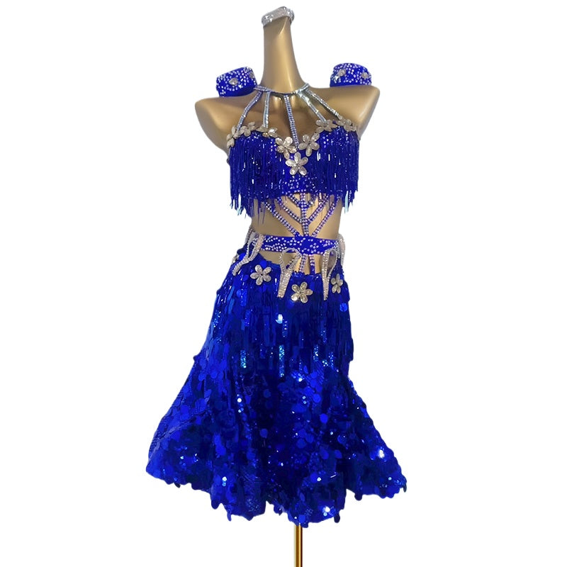 Custom Size Royal Blue Navy Sequins Latin Dance Dresses for Women Girls Salsa Rumba Latin Costumes