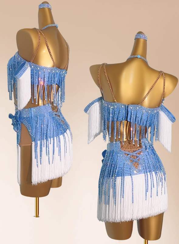 Custom Size Competition Latin Dance Dresses for Women Girls Light Blue White Fringe Salsa Rumba Chacha Latin Dance Costumes