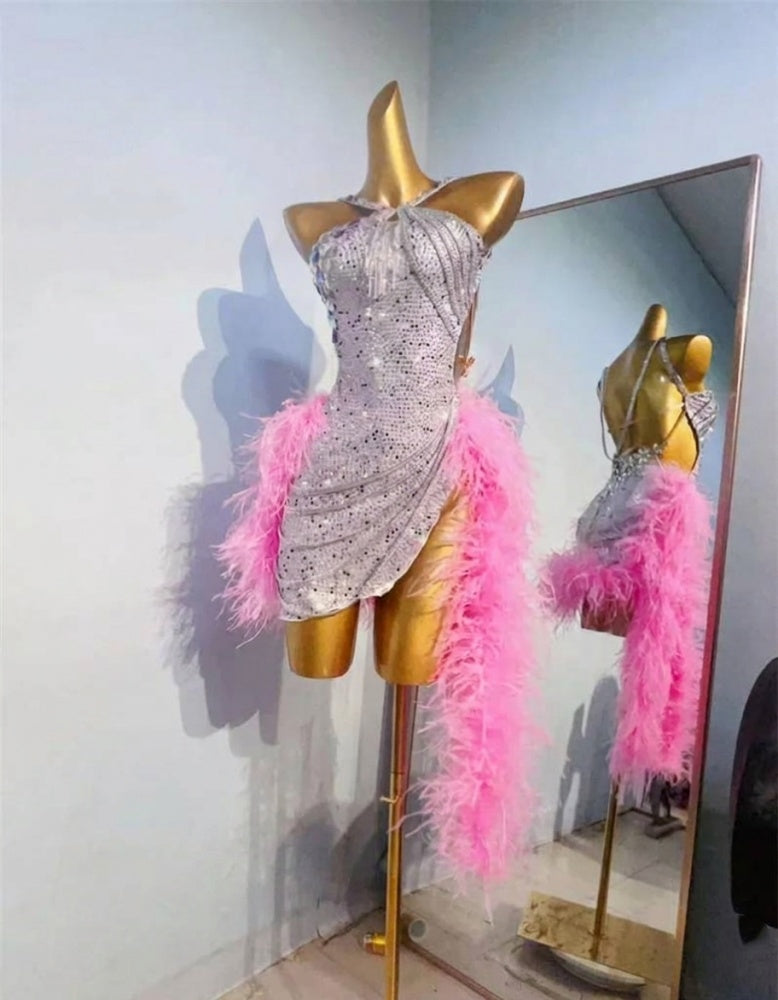 Custom Competition Feather Latin Dance Dress Royal Blue Red Fuchsia Pink Blackpool Salsa Samba Dance Clothes
