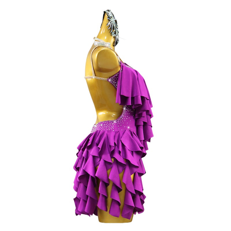 Custom Size Purple Ruffles Fringe Latin Dance Competition Dresses for Women Girls Kids Salsa Rumba Jive Dance Costumes Stage Performance Clothes