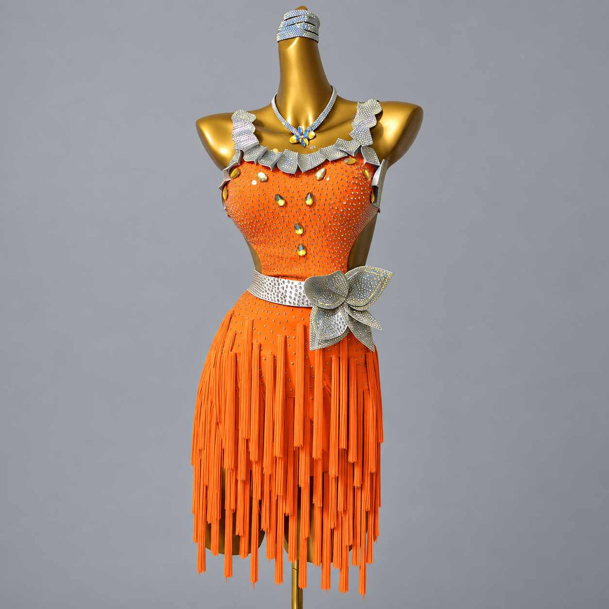 Custom Orange Latin Competition Dress 3D Petals Crystal Salsa Chacha Dance Gown