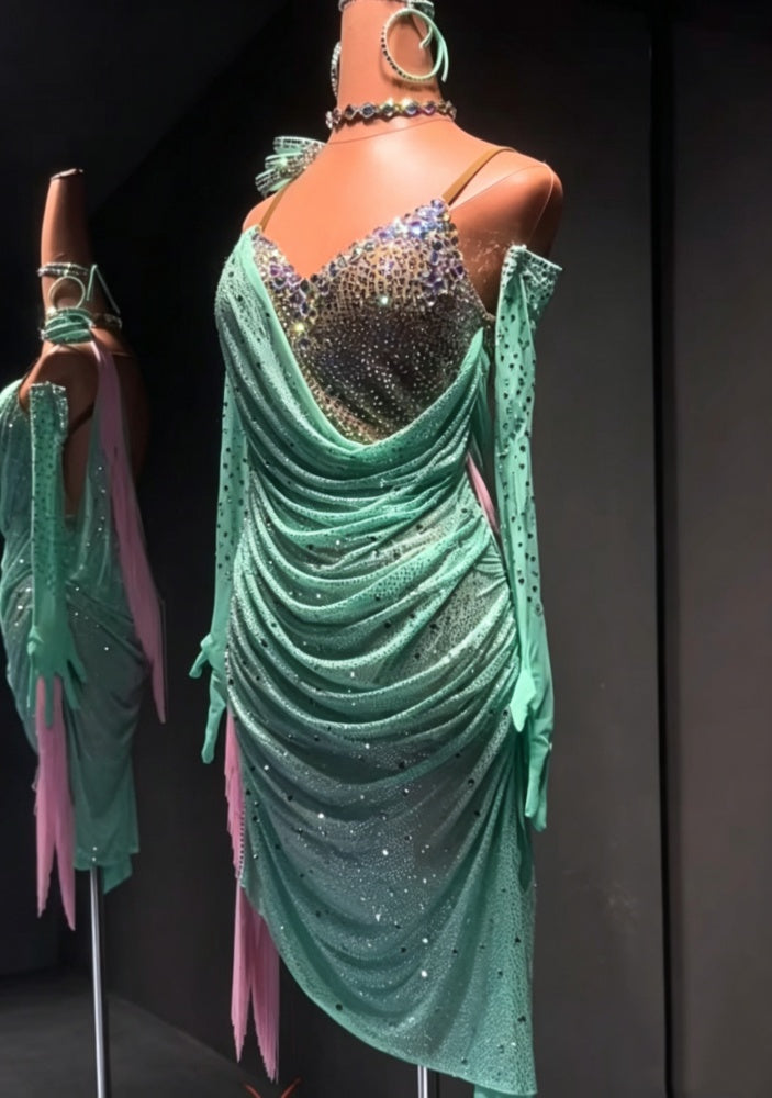 Custom Mint Green Latin Dance Dress with Crystals Competition Sala Dance Wear